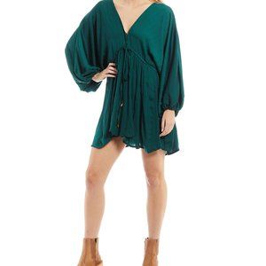 Free People Arzek Plunging V-Neck Tie Waist Back Detail Long Balloon Sle…